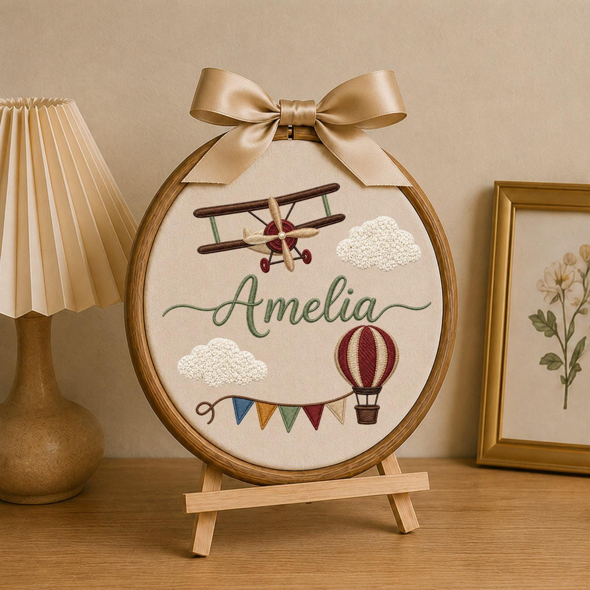 Personalized Embroidered Ornament, Airplane Name Hoop, Hot Air Balloon Nursery Decor, Baby Boy Adventure Gift, Newborn Keepsake