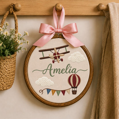Personalized Embroidered Ornament, Airplane Name Hoop, Hot Air Balloon Nursery Decor, Baby Boy Adventure Gift, Newborn Keepsake