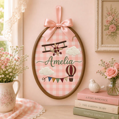 Personalized Embroidered Ornament, Airplane Name Hoop, Hot Air Balloon Nursery Decor, Baby Boy Adventure Gift, Newborn Keepsake