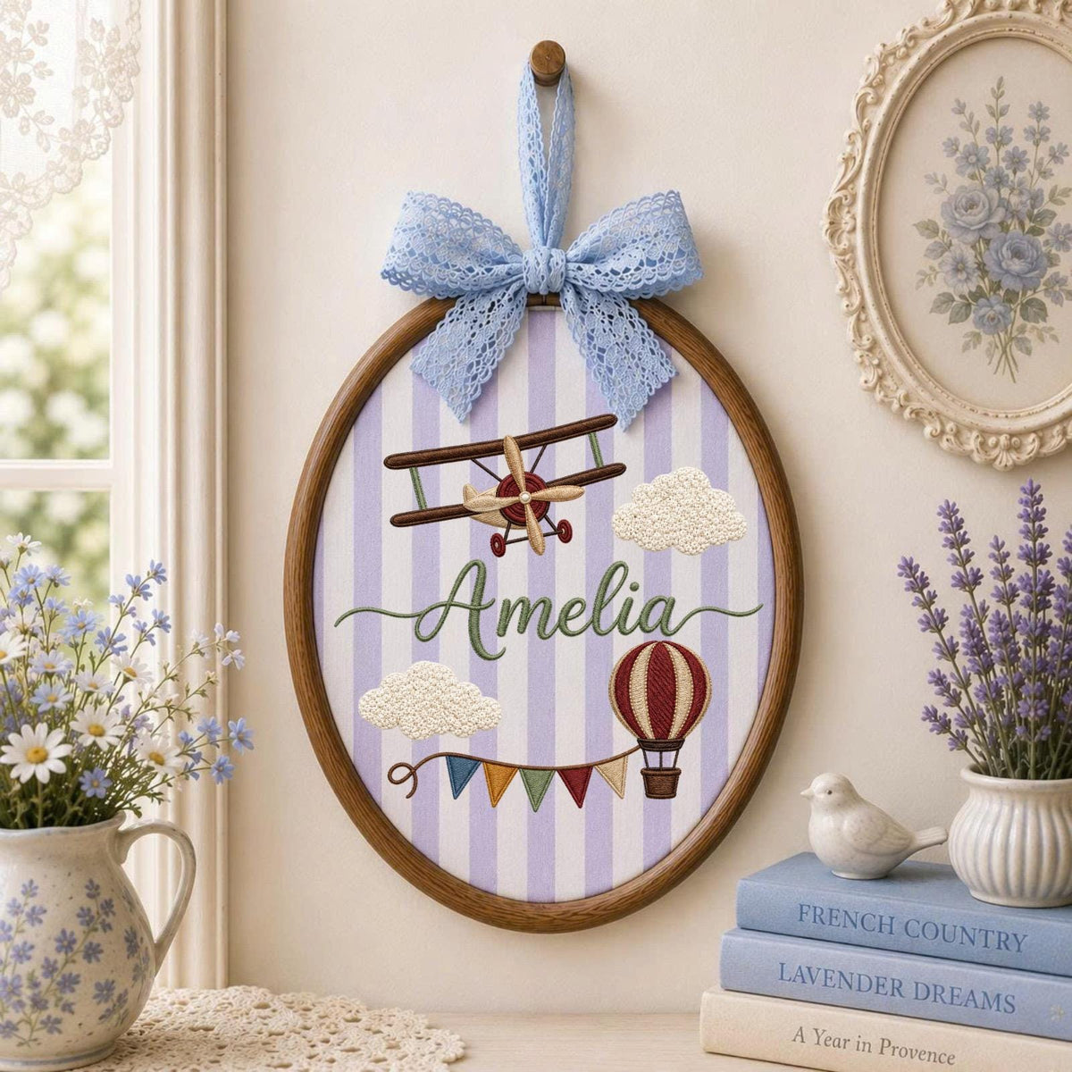Personalized Embroidered Ornament, Airplane Name Hoop, Hot Air Balloon Nursery Decor, Baby Boy Adventure Gift, Newborn Keepsake