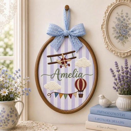 Personalized Embroidered Ornament, Airplane Name Hoop, Hot Air Balloon Nursery Decor, Baby Boy Adventure Gift, Newborn Keepsake