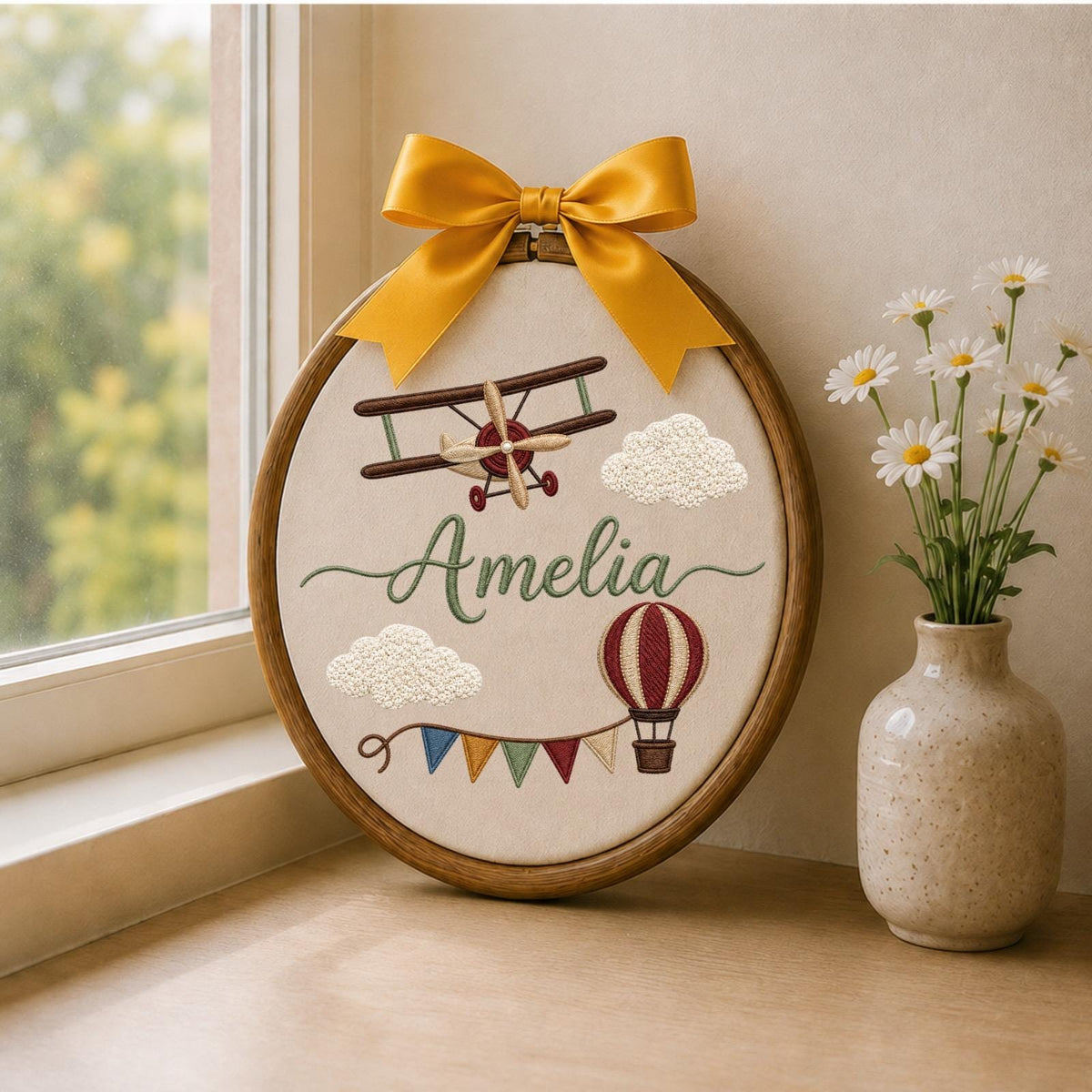 Personalized Embroidered Ornament, Airplane Name Hoop, Hot Air Balloon Nursery Decor, Baby Boy Adventure Gift, Newborn Keepsake