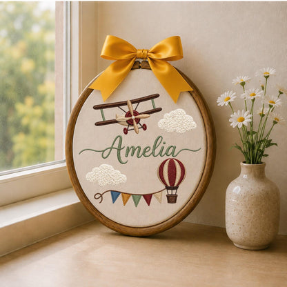 Personalized Embroidered Ornament, Airplane Name Hoop, Hot Air Balloon Nursery Decor, Baby Boy Adventure Gift, Newborn Keepsake