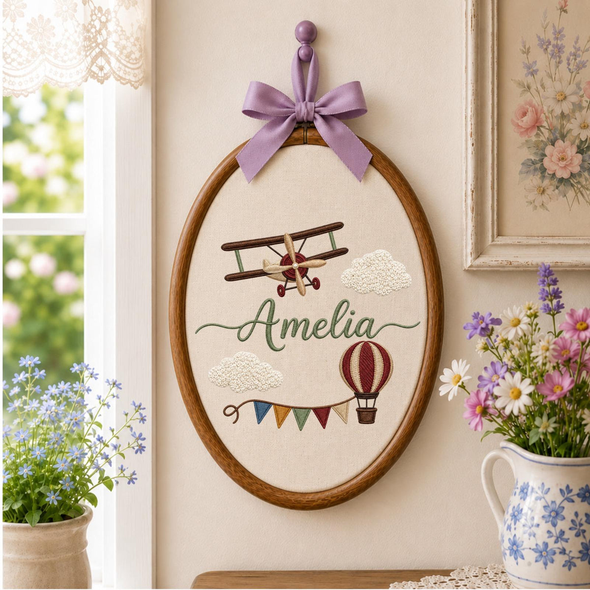 Personalized Embroidered Ornament, Airplane Name Hoop, Hot Air Balloon Nursery Decor, Baby Boy Adventure Gift, Newborn Keepsake
