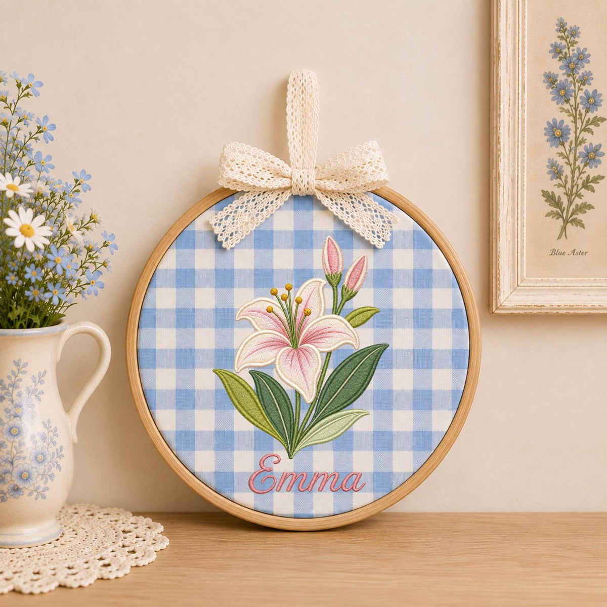 Personalized Embroidered Ornament, Lily Flower Name Hoop, Floral Baby Girl Nursery Decor, Custom Newborn Gift, Baby Shower Keepsake