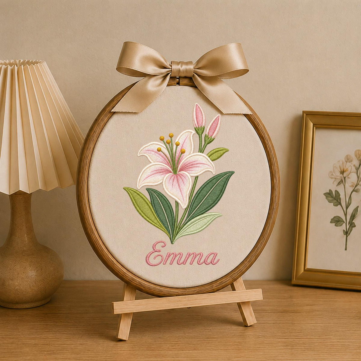 Personalized Embroidered Ornament, Lily Flower Name Hoop, Floral Baby Girl Nursery Decor, Custom Newborn Gift, Baby Shower Keepsake