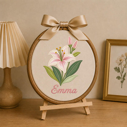 Personalized Embroidered Ornament, Lily Flower Name Hoop, Floral Baby Girl Nursery Decor, Custom Newborn Gift, Baby Shower Keepsake