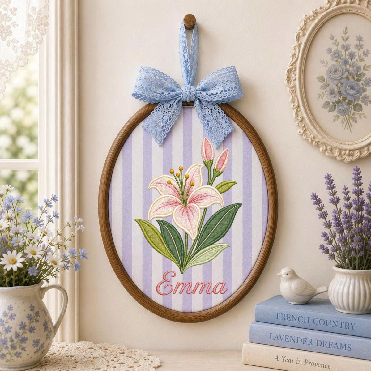 Personalized Embroidered Ornament, Lily Flower Name Hoop, Floral Baby Girl Nursery Decor, Custom Newborn Gift, Baby Shower Keepsake