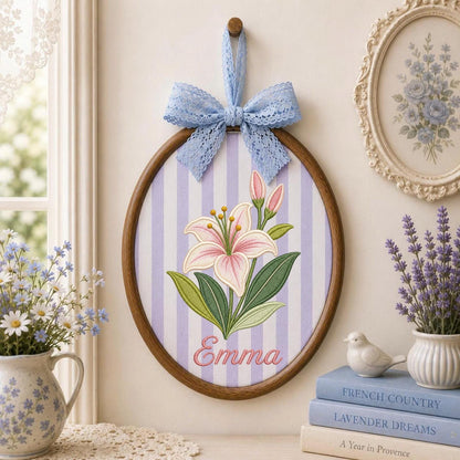 Personalized Embroidered Ornament, Lily Flower Name Hoop, Floral Baby Girl Nursery Decor, Custom Newborn Gift, Baby Shower Keepsake