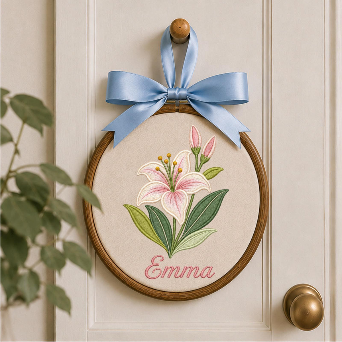 Personalized Embroidered Ornament, Lily Flower Name Hoop, Floral Baby Girl Nursery Decor, Custom Newborn Gift, Baby Shower Keepsake