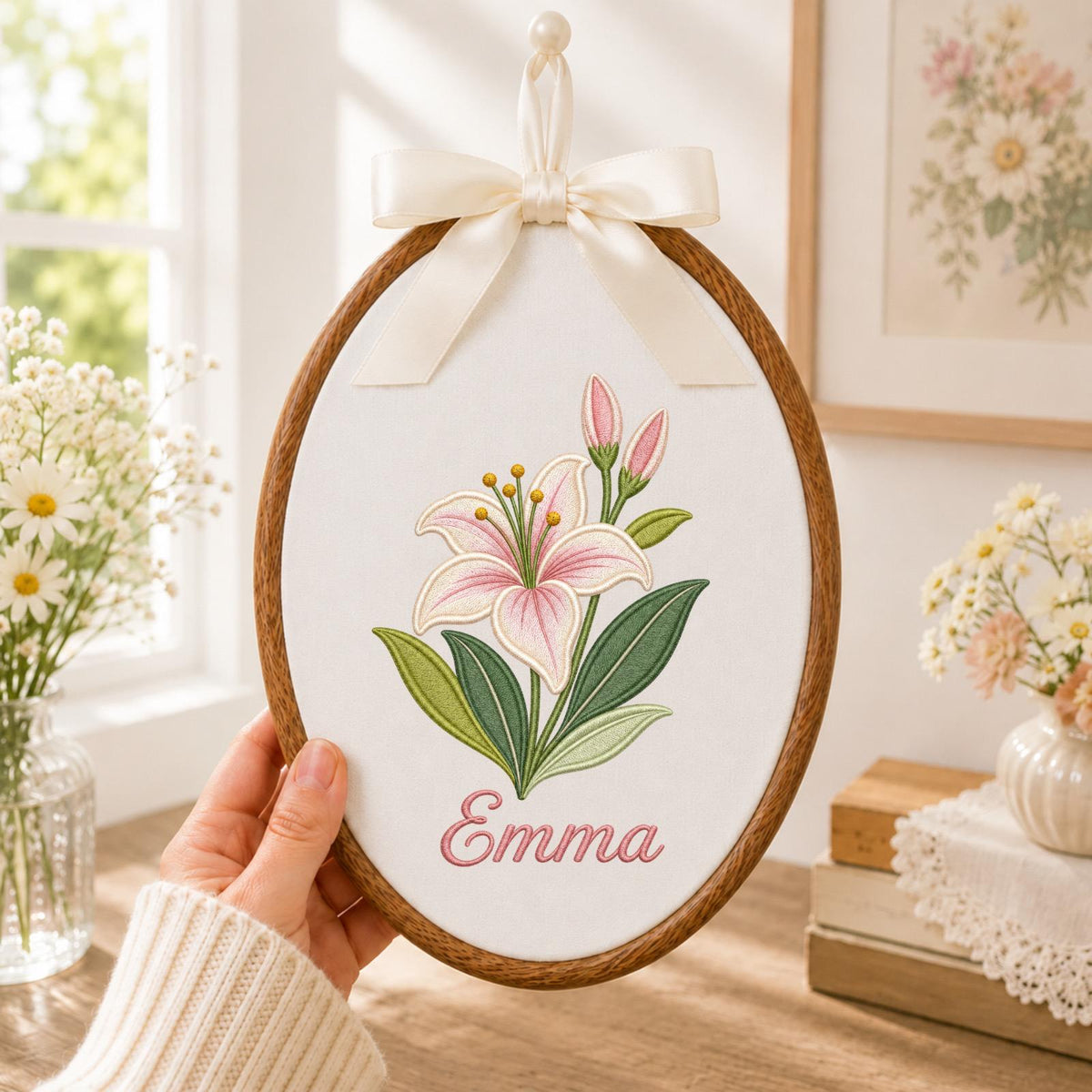 Personalized Embroidered Ornament, Lily Flower Name Hoop, Floral Baby Girl Nursery Decor, Custom Newborn Gift, Baby Shower Keepsake