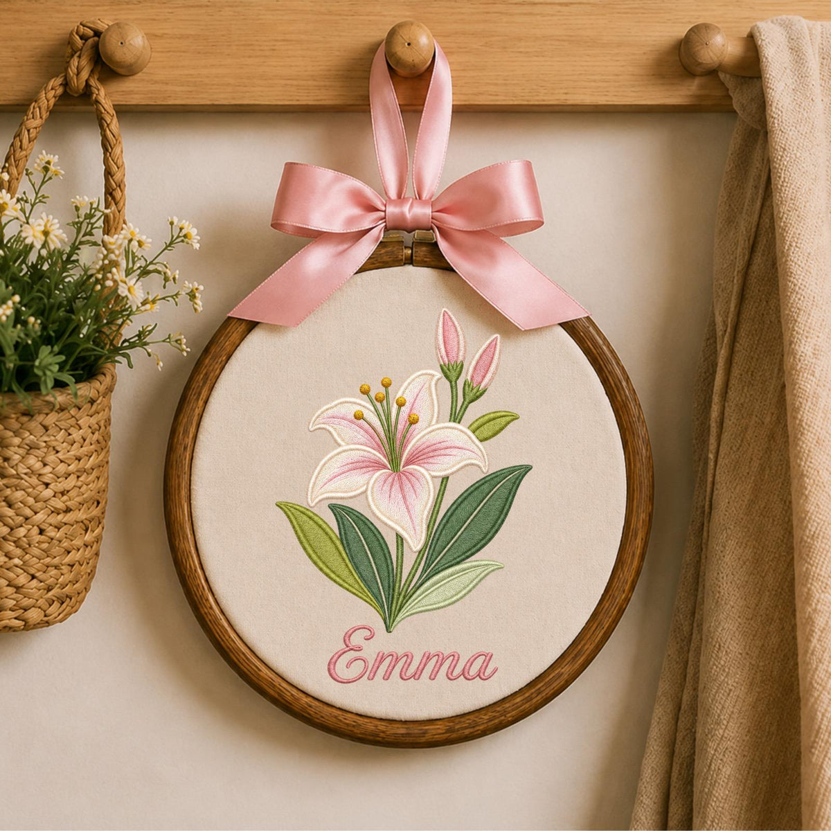 Personalized Embroidered Ornament, Lily Flower Name Hoop, Floral Baby Girl Nursery Decor, Custom Newborn Gift, Baby Shower Keepsake