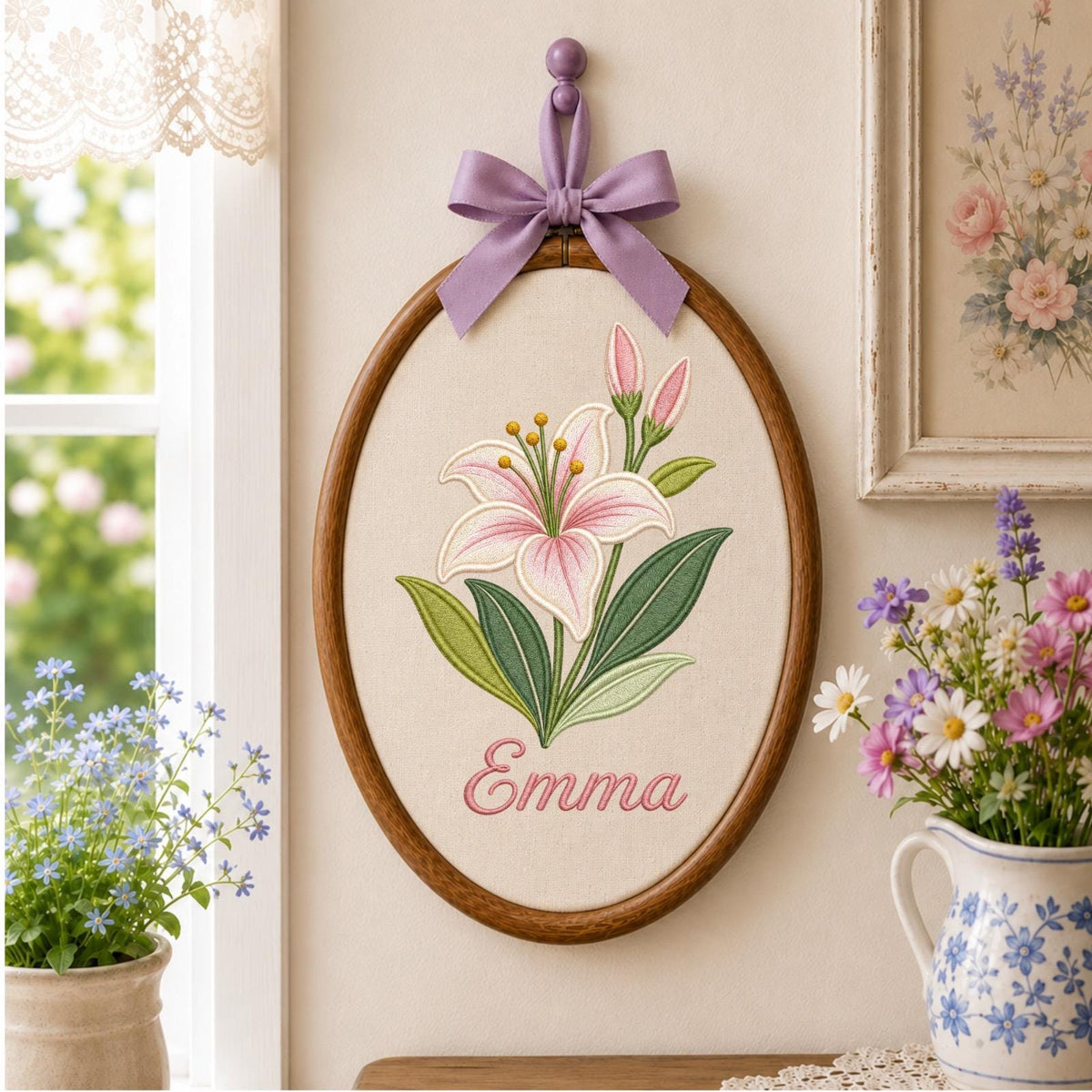 Personalized Embroidered Ornament, Lily Flower Name Hoop, Floral Baby Girl Nursery Decor, Custom Newborn Gift, Baby Shower Keepsake