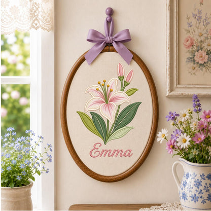 Personalized Embroidered Ornament, Lily Flower Name Hoop, Floral Baby Girl Nursery Decor, Custom Newborn Gift, Baby Shower Keepsake