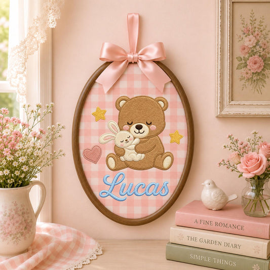 Personalized Embroidered Ornament, Teddy Bear Bunny Name Hoop, Baby Boy Nursery Decor, Newborn Gift, Baby Shower Keepsake