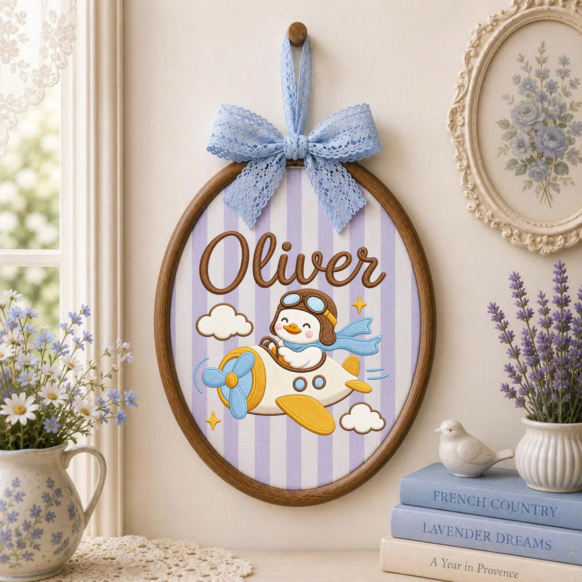 Personalized Embroidered Ornament, Airplane Duck Name Hoop, Baby Boy Nursery Decor, Aviator Goose Gift, Newborn Keepsake