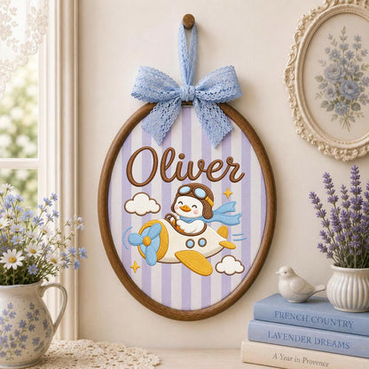 Personalized Embroidered Ornament, Airplane Duck Name Hoop, Baby Boy Nursery Decor, Aviator Goose Gift, Newborn Keepsake