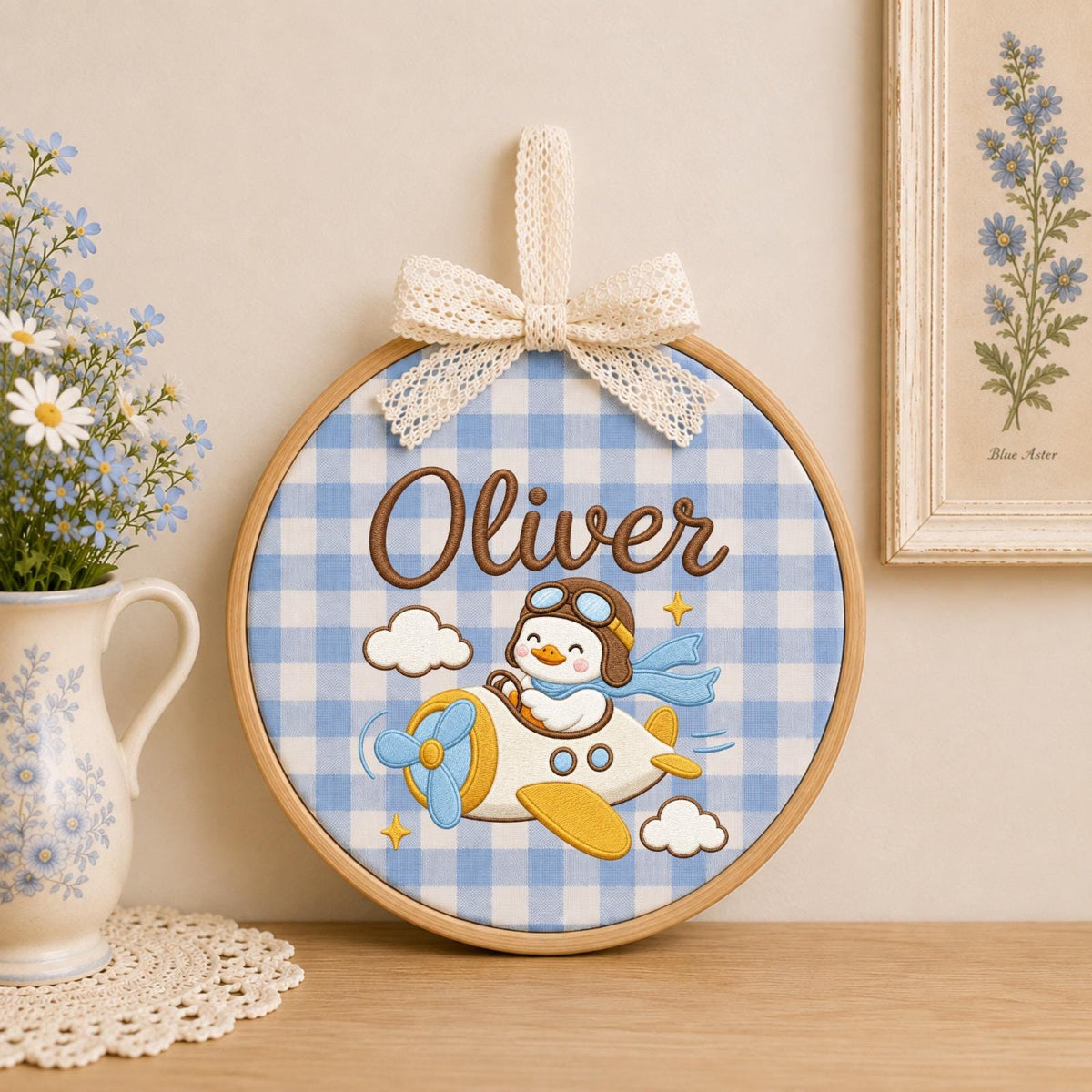 Personalized Embroidered Ornament, Airplane Duck Name Hoop, Baby Boy Nursery Decor, Aviator Goose Gift, Newborn Keepsake