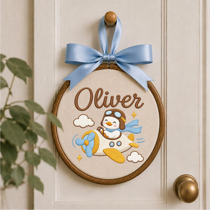 Personalized Embroidered Ornament, Airplane Duck Name Hoop, Baby Boy Nursery Decor, Aviator Goose Gift, Newborn Keepsake