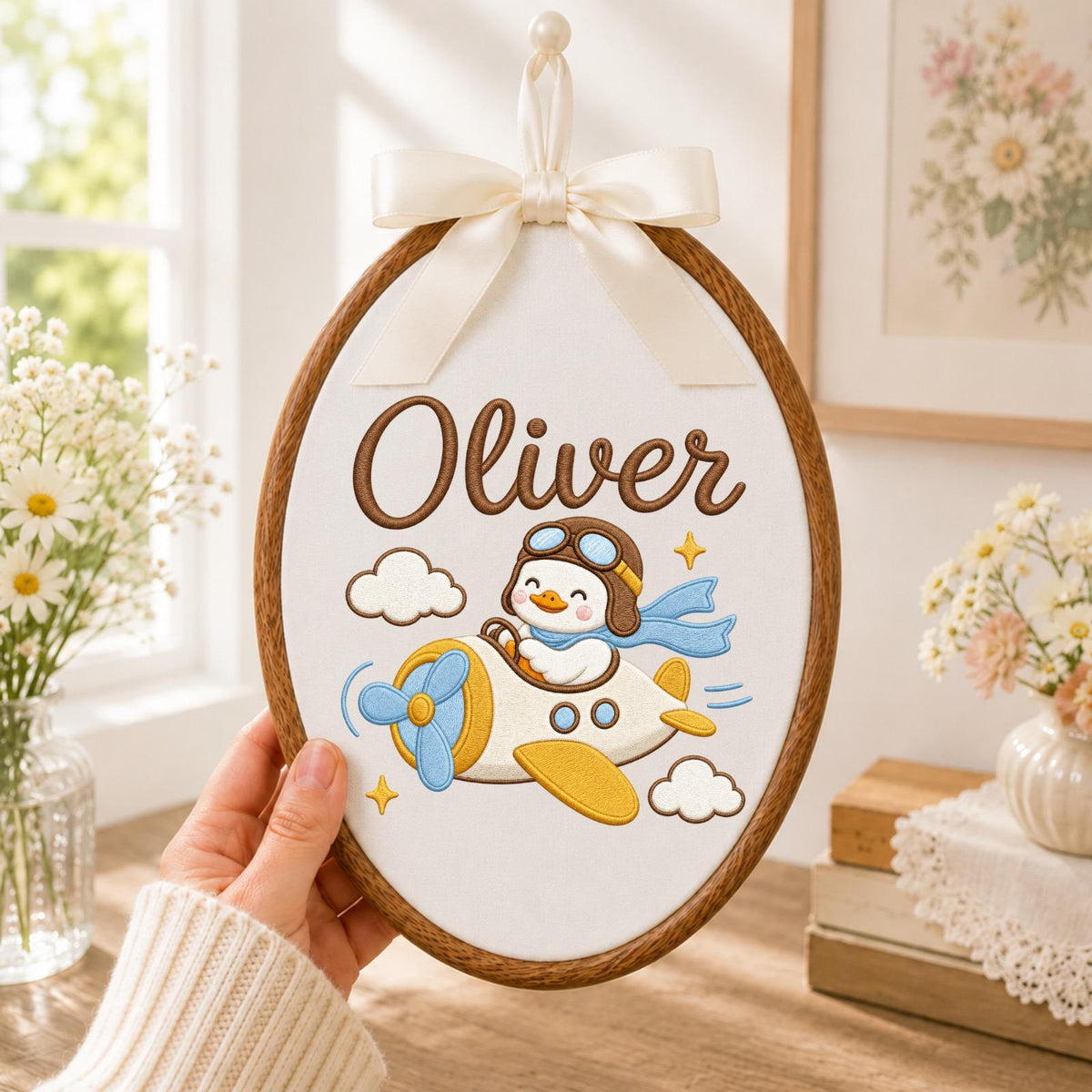 Personalized Embroidered Ornament, Airplane Duck Name Hoop, Baby Boy Nursery Decor, Aviator Goose Gift, Newborn Keepsake