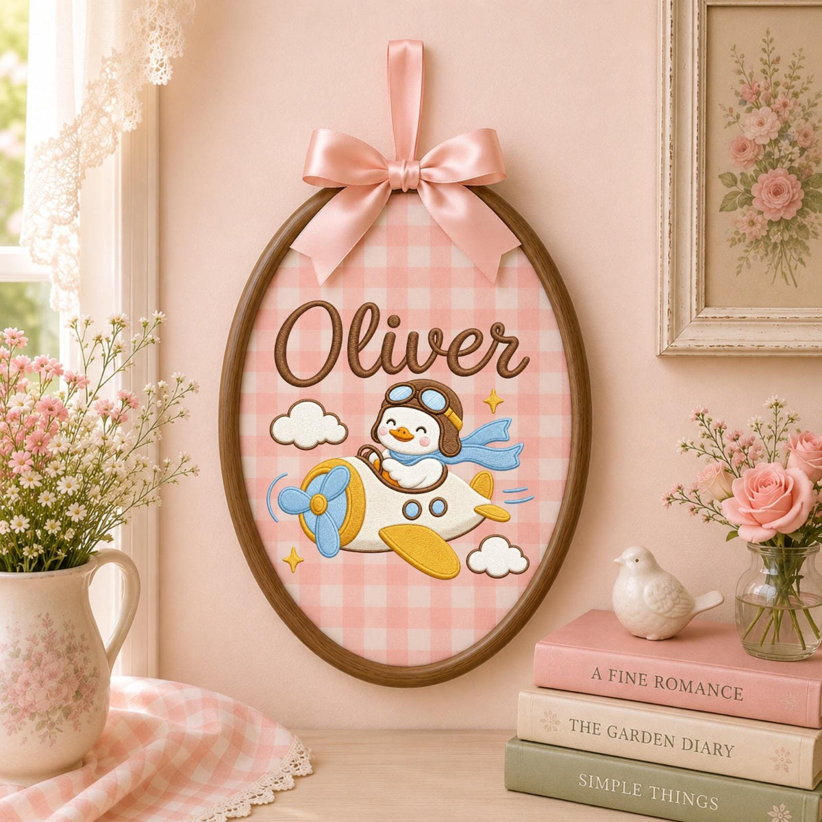 Personalized Embroidered Ornament, Airplane Duck Name Hoop, Baby Boy Nursery Decor, Aviator Goose Gift, Newborn Keepsake