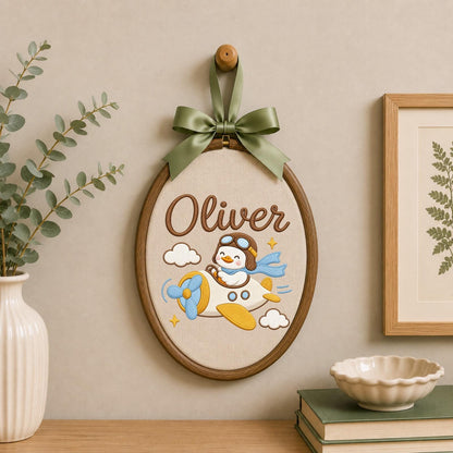 Personalized Embroidered Ornament, Airplane Duck Name Hoop, Baby Boy Nursery Decor, Aviator Goose Gift, Newborn Keepsake