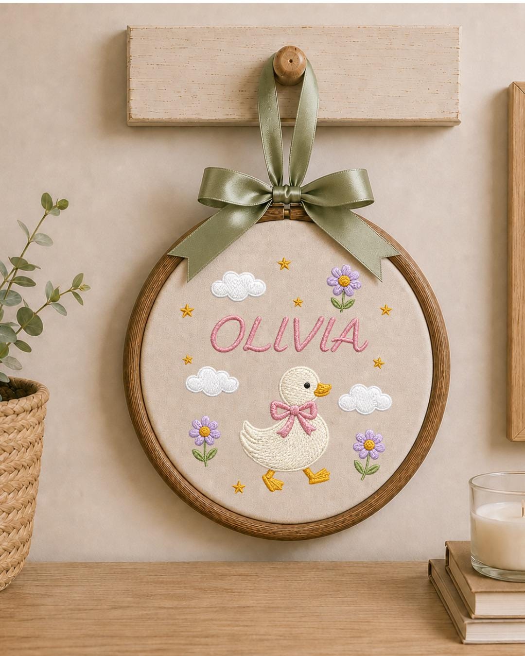 Personalized Embroidered Duck Ornament, Custom Baby Name Hoop, Floral Duck Nursery Decor, Baby Girl Gift, Newborn Keepsake