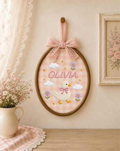 Personalized Embroidered Duck Ornament, Custom Baby Name Hoop, Floral Duck Nursery Decor, Baby Girl Gift, Newborn Keepsake
