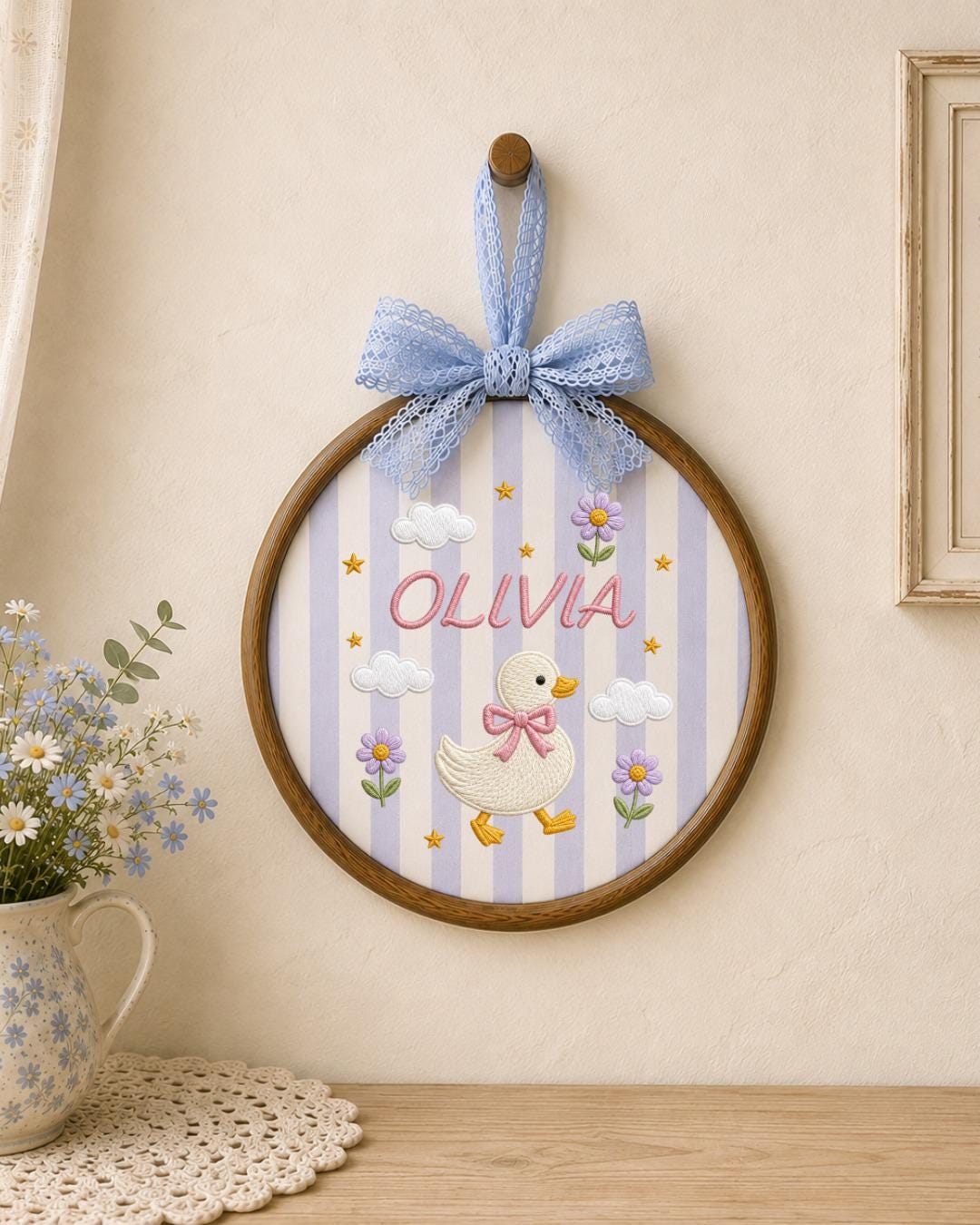 Personalized Embroidered Duck Ornament, Custom Baby Name Hoop, Floral Duck Nursery Decor, Baby Girl Gift, Newborn Keepsake