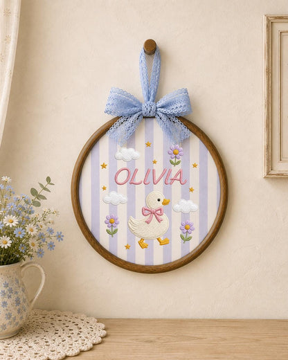 Personalized Embroidered Duck Ornament, Custom Baby Name Hoop, Floral Duck Nursery Decor, Baby Girl Gift, Newborn Keepsake