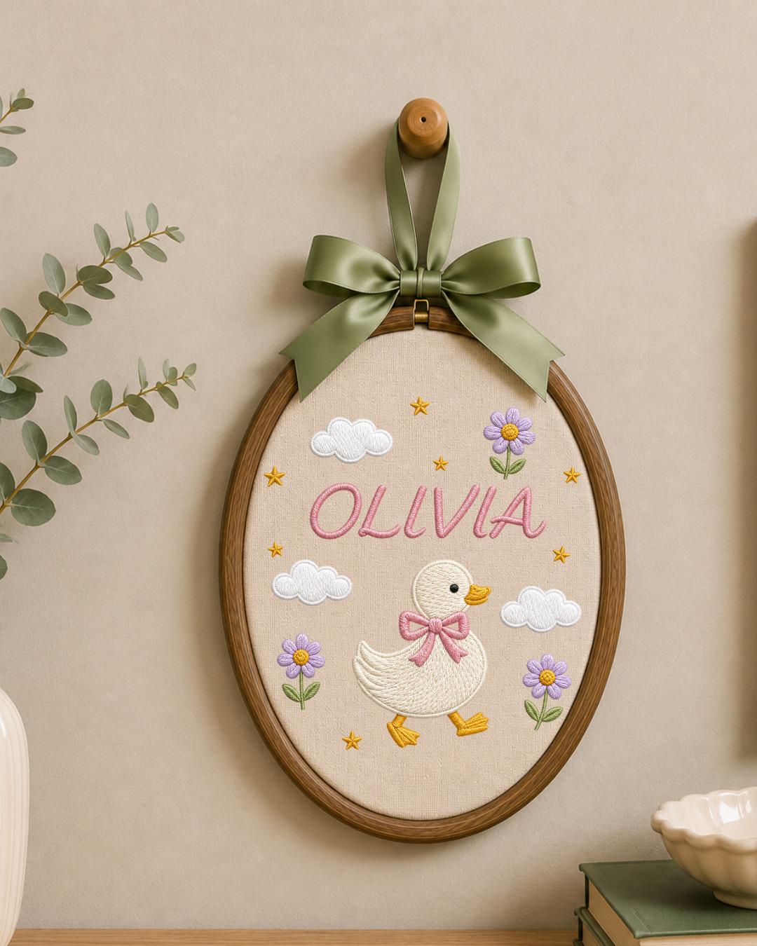 Personalized Embroidered Duck Ornament, Custom Baby Name Hoop, Floral Duck Nursery Decor, Baby Girl Gift, Newborn Keepsake