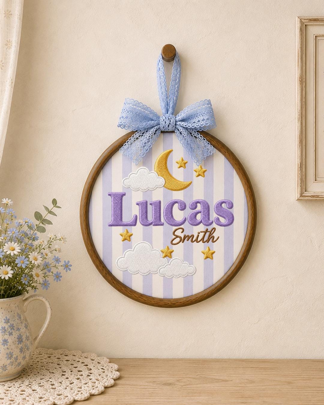 Personalized Embroidered Name Ornament, Custom Baby Name Hoop, Moon and Stars Nursery Decor, Celestial Baby Gift, Newborn Keepsake