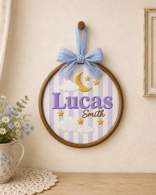 Personalized Embroidered Name Ornament, Custom Baby Name Hoop, Moon and Stars Nursery Decor, Celestial Baby Gift, Newborn Keepsake