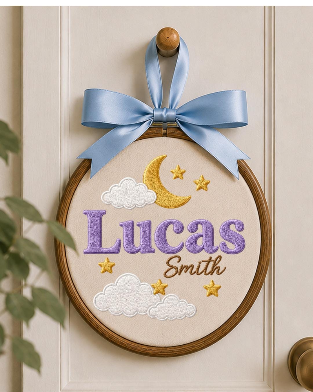 Personalized Embroidered Name Ornament, Custom Baby Name Hoop, Moon and Stars Nursery Decor, Celestial Baby Gift, Newborn Keepsake