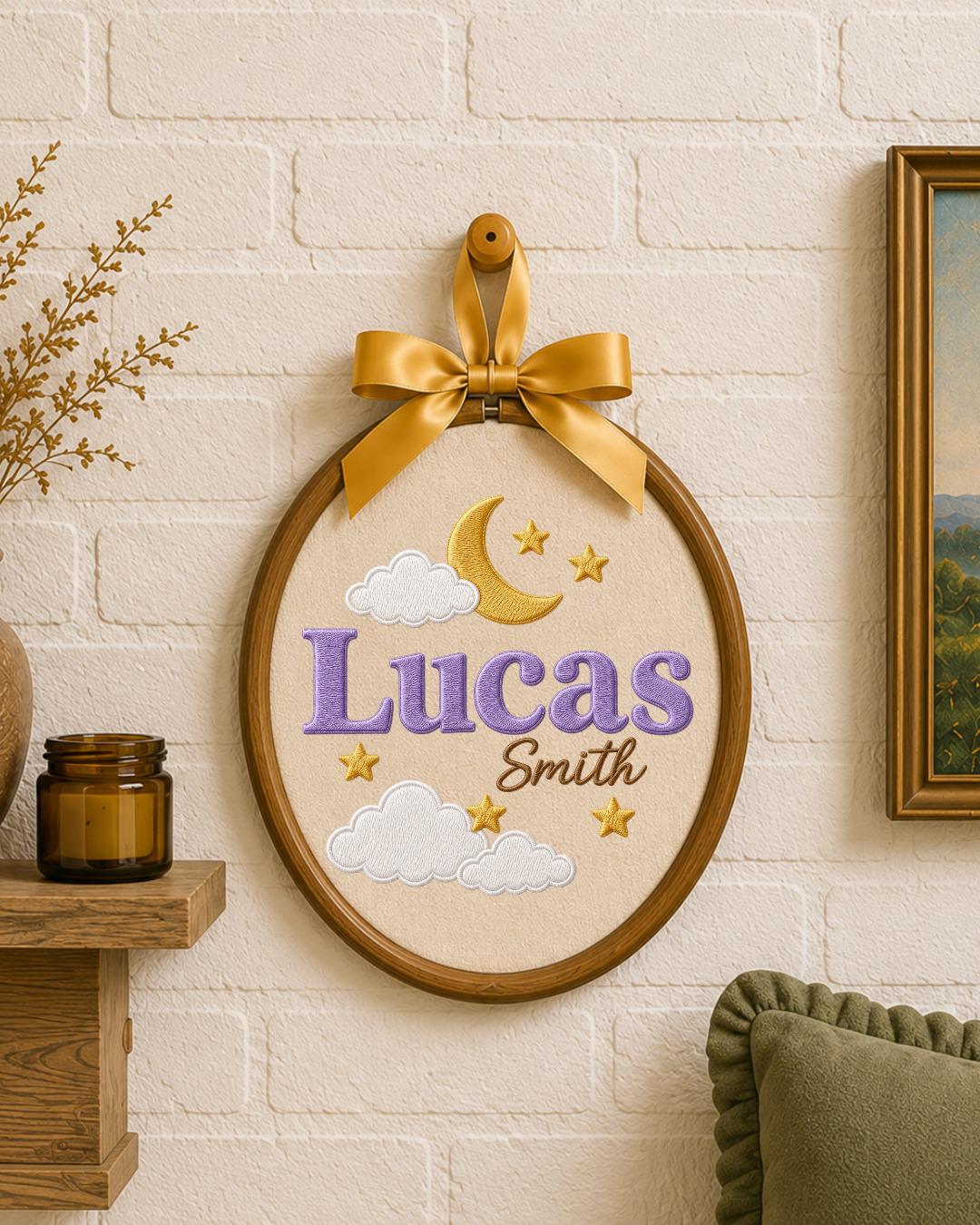 Personalized Embroidered Name Ornament, Custom Baby Name Hoop, Moon and Stars Nursery Decor, Celestial Baby Gift, Newborn Keepsake