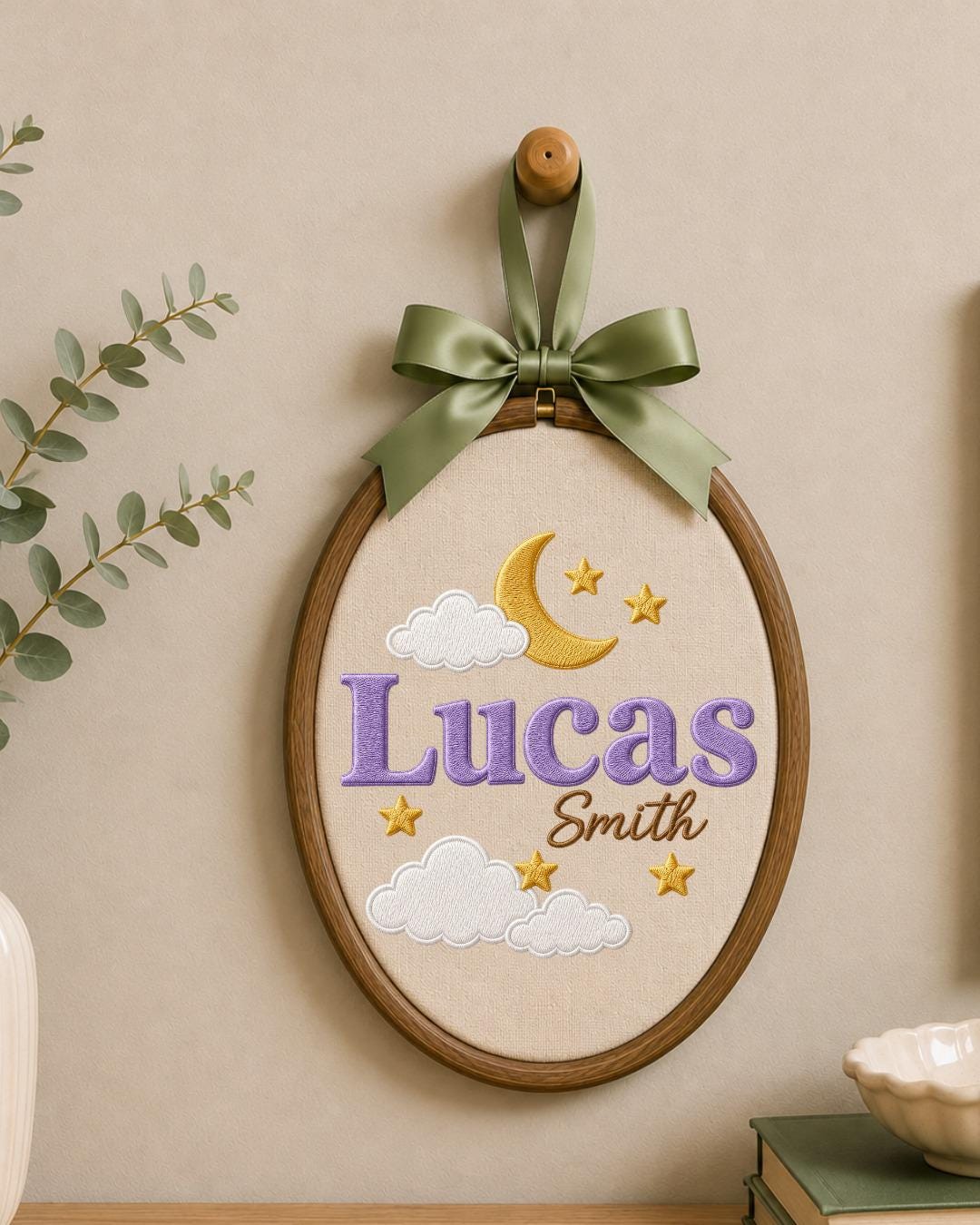 Personalized Embroidered Name Ornament, Custom Baby Name Hoop, Moon and Stars Nursery Decor, Celestial Baby Gift, Newborn Keepsake