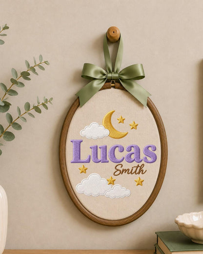 Personalized Embroidered Name Ornament, Custom Baby Name Hoop, Moon and Stars Nursery Decor, Celestial Baby Gift, Newborn Keepsake