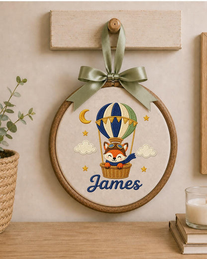 Personalized Embroidered Fox Hot Air Balloon Ornament, Custom Baby Name Hoop, Adventure Nursery Decor, Baby Boy Gift, Newborn Keepsake