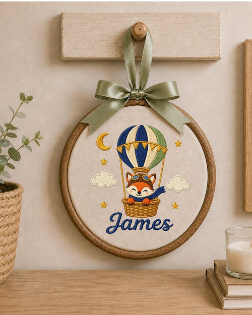 Personalized Embroidered Fox Hot Air Balloon Ornament, Custom Baby Name Hoop, Adventure Nursery Decor, Baby Boy Gift, Newborn Keepsake