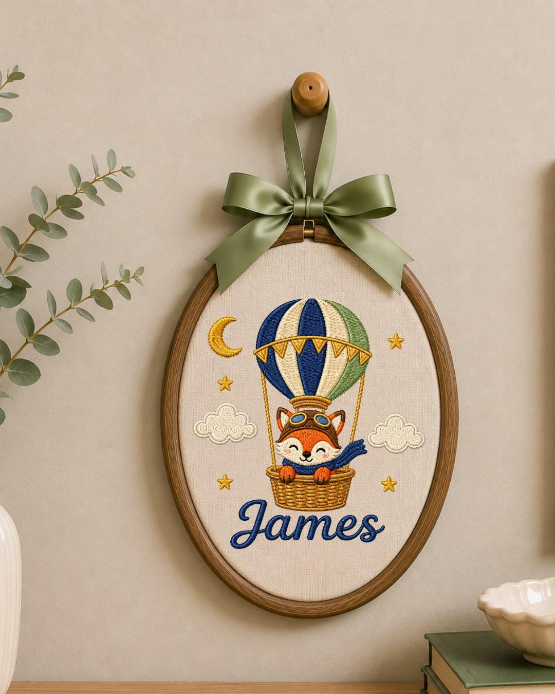 Personalized Embroidered Fox Hot Air Balloon Ornament, Custom Baby Name Hoop, Adventure Nursery Decor, Baby Boy Gift, Newborn Keepsake