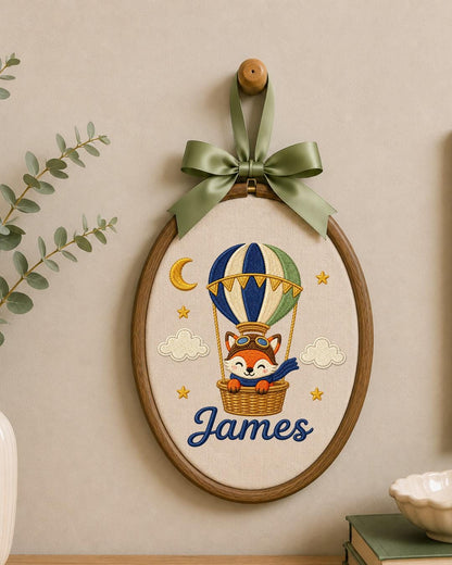 Personalized Embroidered Fox Hot Air Balloon Ornament, Custom Baby Name Hoop, Adventure Nursery Decor, Baby Boy Gift, Newborn Keepsake