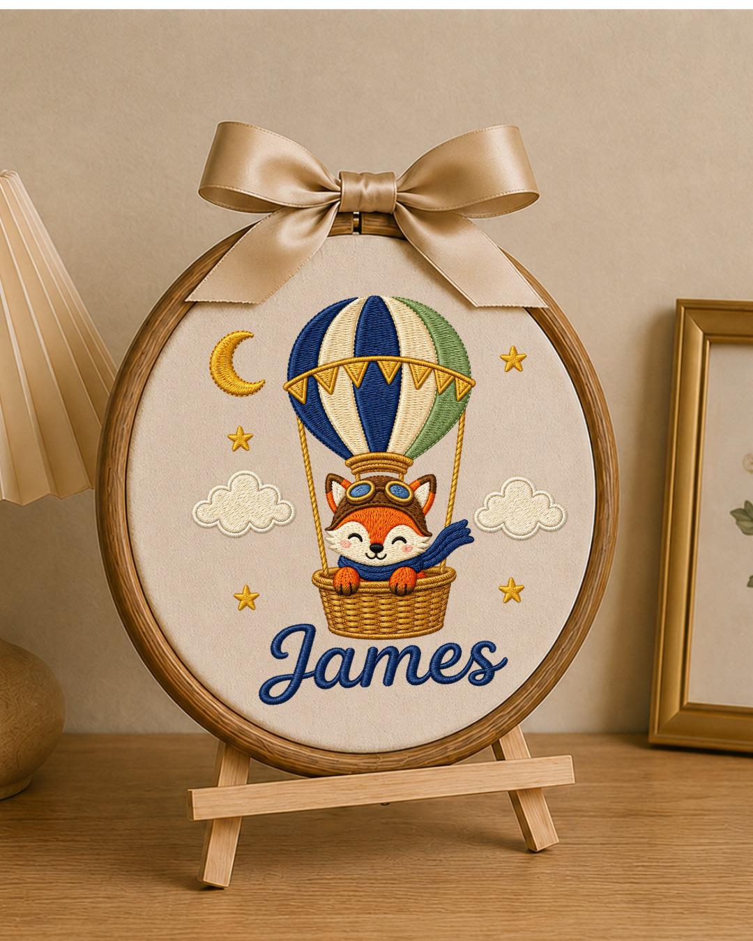 Personalized Embroidered Fox Hot Air Balloon Ornament, Custom Baby Name Hoop, Adventure Nursery Decor, Baby Boy Gift, Newborn Keepsake