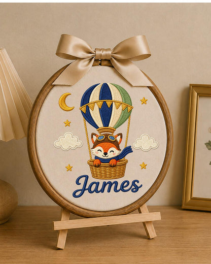 Personalized Embroidered Fox Hot Air Balloon Ornament, Custom Baby Name Hoop, Adventure Nursery Decor, Baby Boy Gift, Newborn Keepsake