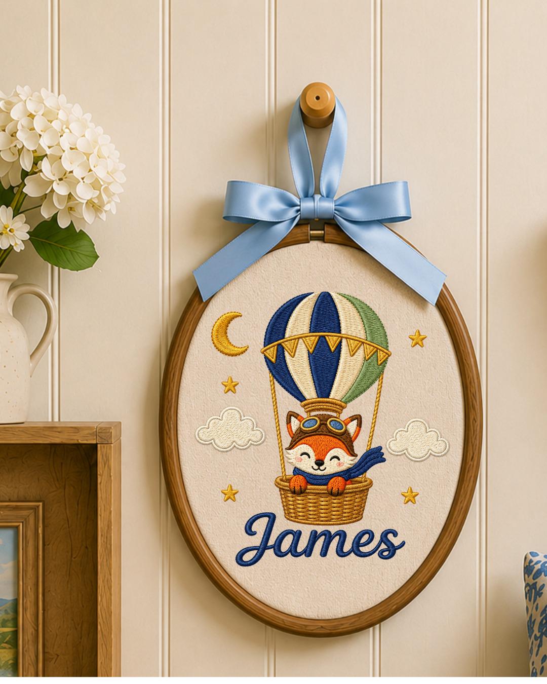 Personalized Embroidered Fox Hot Air Balloon Ornament, Custom Baby Name Hoop, Adventure Nursery Decor, Baby Boy Gift, Newborn Keepsake