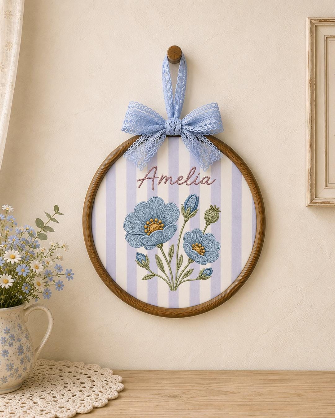 Personalized Embroidered Floral Name Ornament, Custom Baby Name Hoop, Blue Flower Nursery Wall Decor, Baby Girl Keepsake Gift
