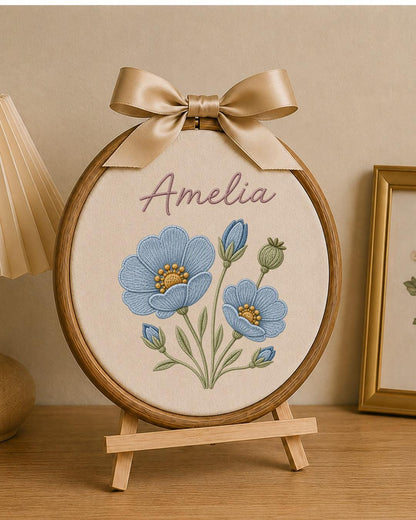 Personalized Embroidered Floral Name Ornament, Custom Baby Name Hoop, Blue Flower Nursery Wall Decor, Baby Girl Keepsake Gift