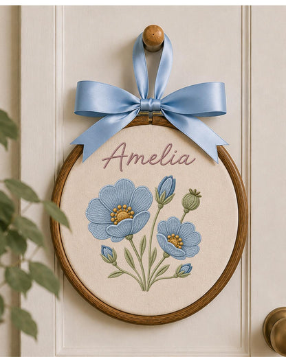 Personalized Embroidered Floral Name Ornament, Custom Baby Name Hoop, Blue Flower Nursery Wall Decor, Baby Girl Keepsake Gift