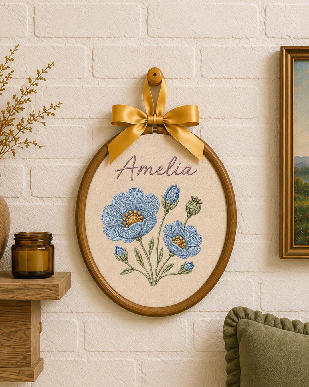 Personalized Embroidered Floral Name Ornament, Custom Baby Name Hoop, Blue Flower Nursery Wall Decor, Baby Girl Keepsake Gift