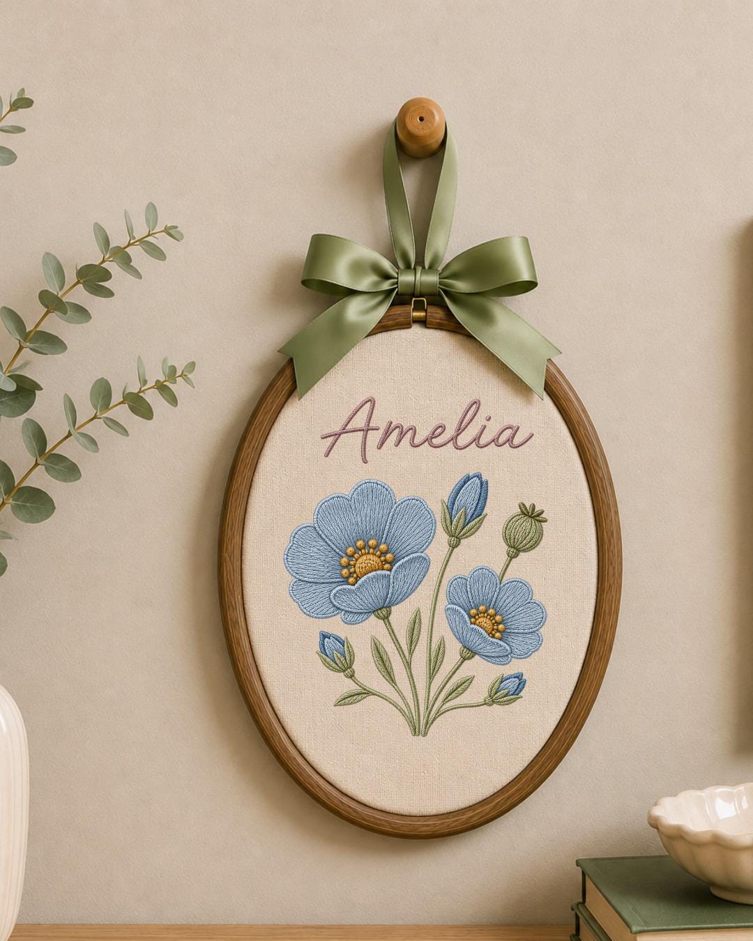 Personalized Embroidered Floral Name Ornament, Custom Baby Name Hoop, Blue Flower Nursery Wall Decor, Baby Girl Keepsake Gift