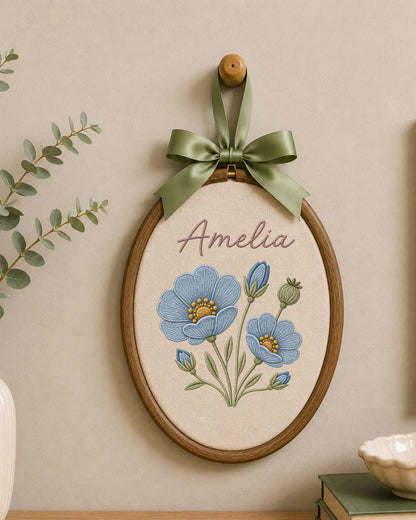 Personalized Embroidered Floral Name Ornament, Custom Baby Name Hoop, Blue Flower Nursery Wall Decor, Baby Girl Keepsake Gift